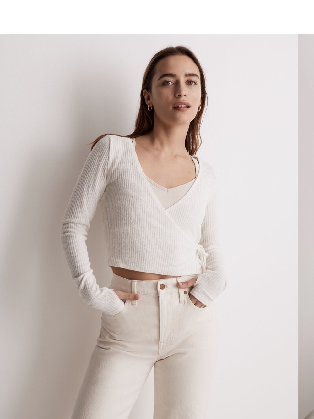 Madewell MWL Ribbed V-Neck Wrap Top - Cream